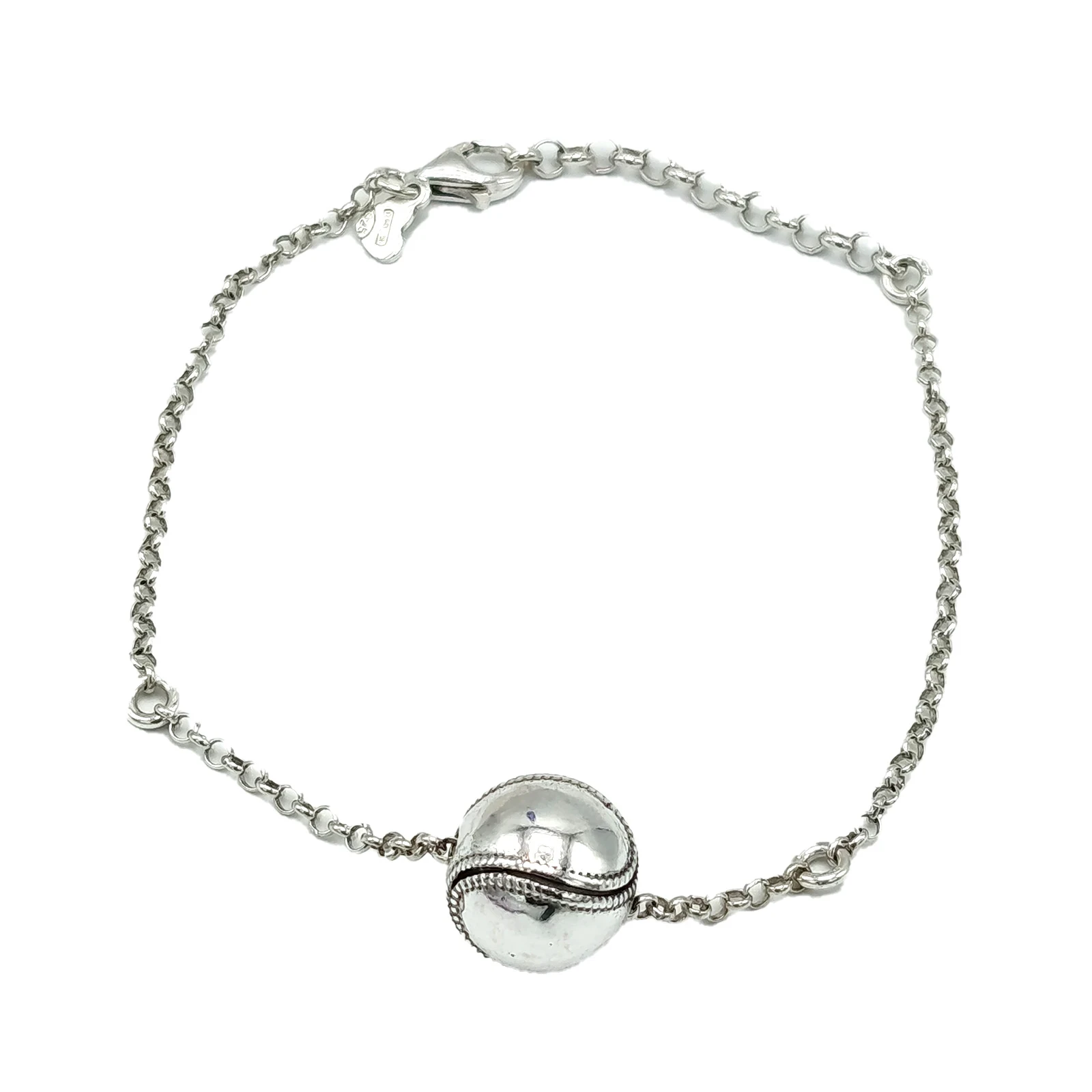 Bracciale in argento 925 brunito con charm palla da baseball, realizzato artigianalmente in Italia