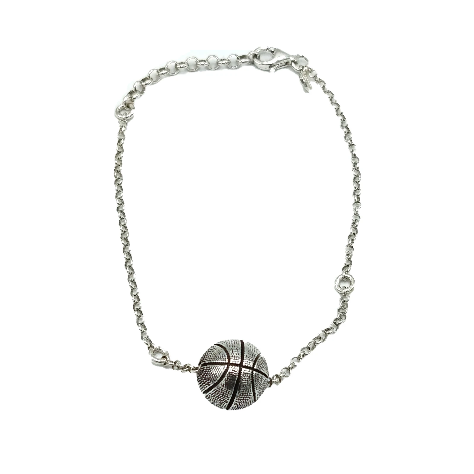 Bracciale in argento 925 brunito con charm palla da basket, realizzato artigianalmente in Italia