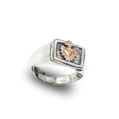 Anello in argento 925 brunito con cuore ex voto in bronzo a rilievo, gioiello artigianale italiano