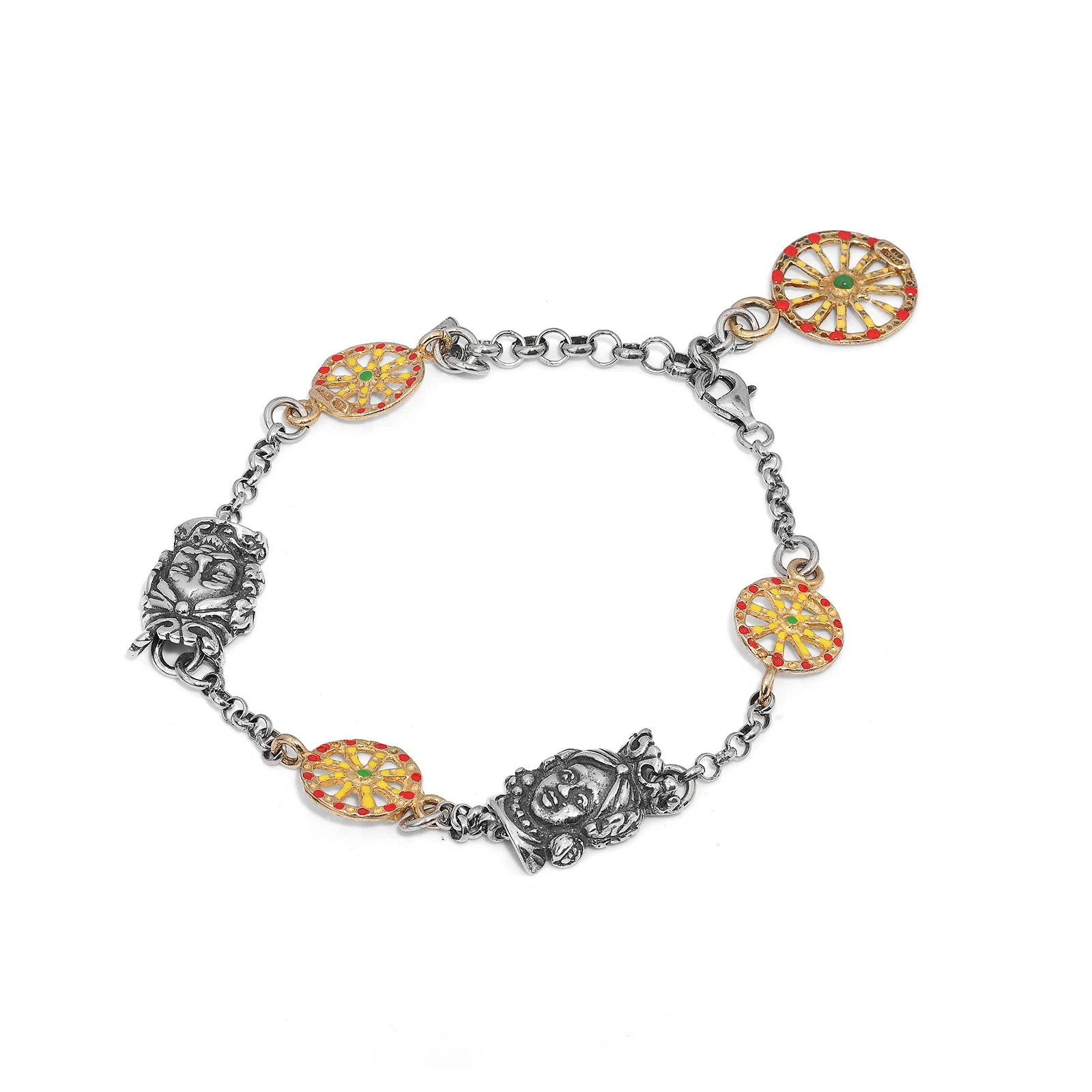 Bracciale in argento 925 con mori e ruote siciliane placcato oro e smaltato. Ispirato alla tradizione siciliana