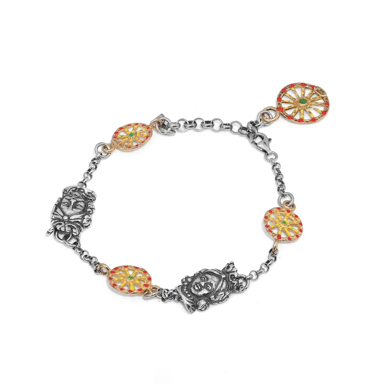 Bracciale in argento 925 con mori e ruote siciliane placcato oro e smaltato. Ispirato alla tradizione siciliana