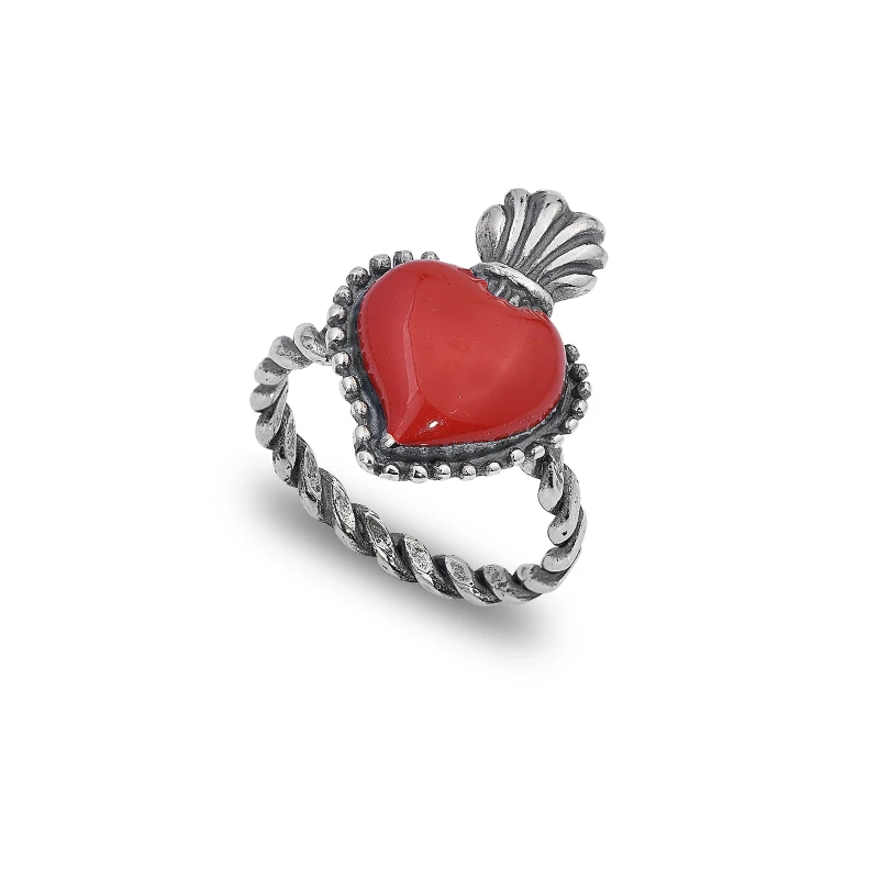 Anello Cuore Ex Voto smaltato rosso in argento 925 brunito, varie misure disponibili