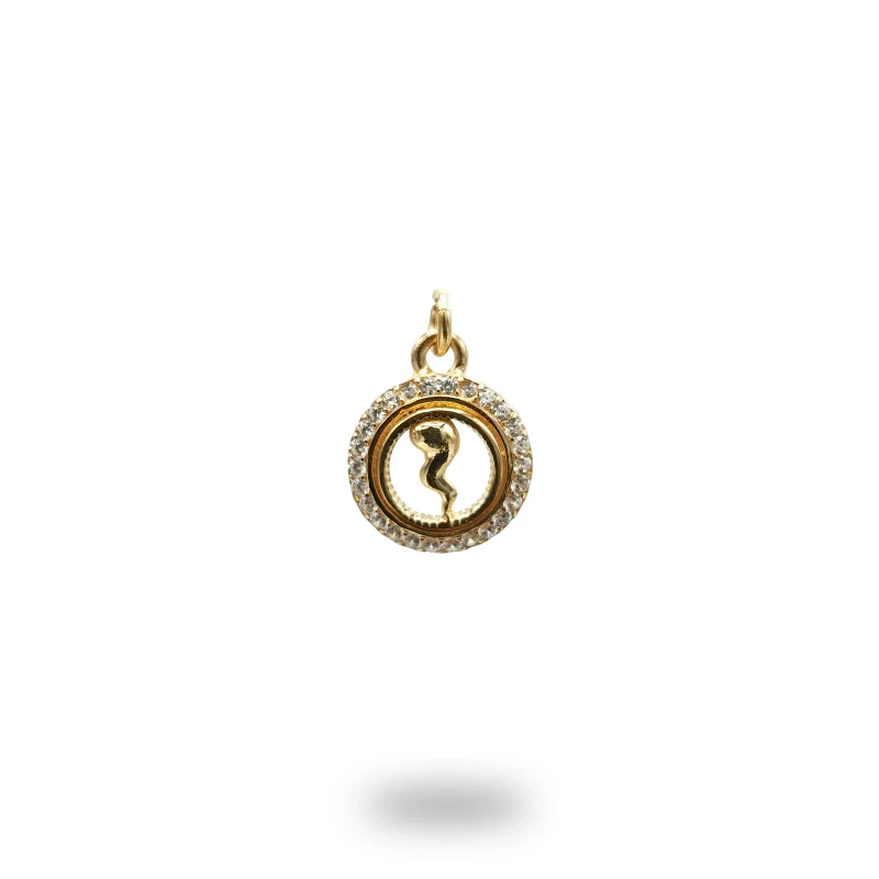 Pendente cerchio con corno in argento 925 dorato impreziosito da zirconi, realizzato artigianalmente.