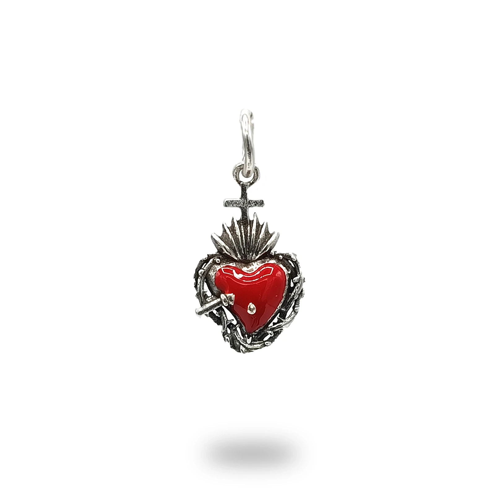 Pendente Cuore Ex Voto con filo spinato in Argento 800 smaltato, lavorazione artigianale