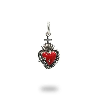 Pendente Cuore Ex Voto con filo spinato in Argento 800 smaltato, lavorazione artigianale