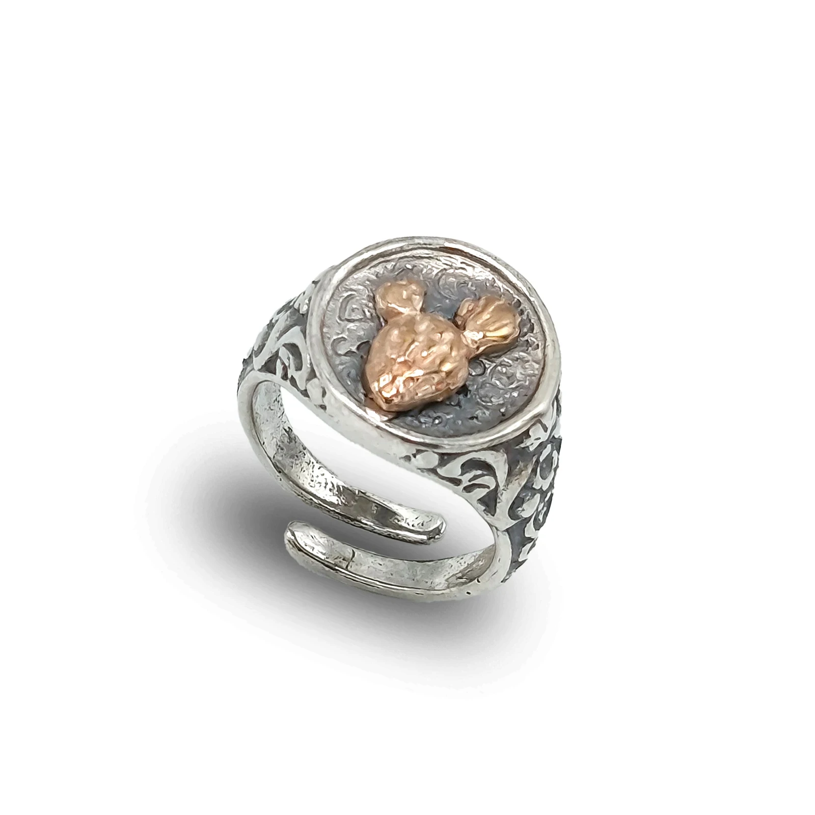 Anello con pala di fico in argento 925 brunito e bronzo – gioiello simbolico artigianale