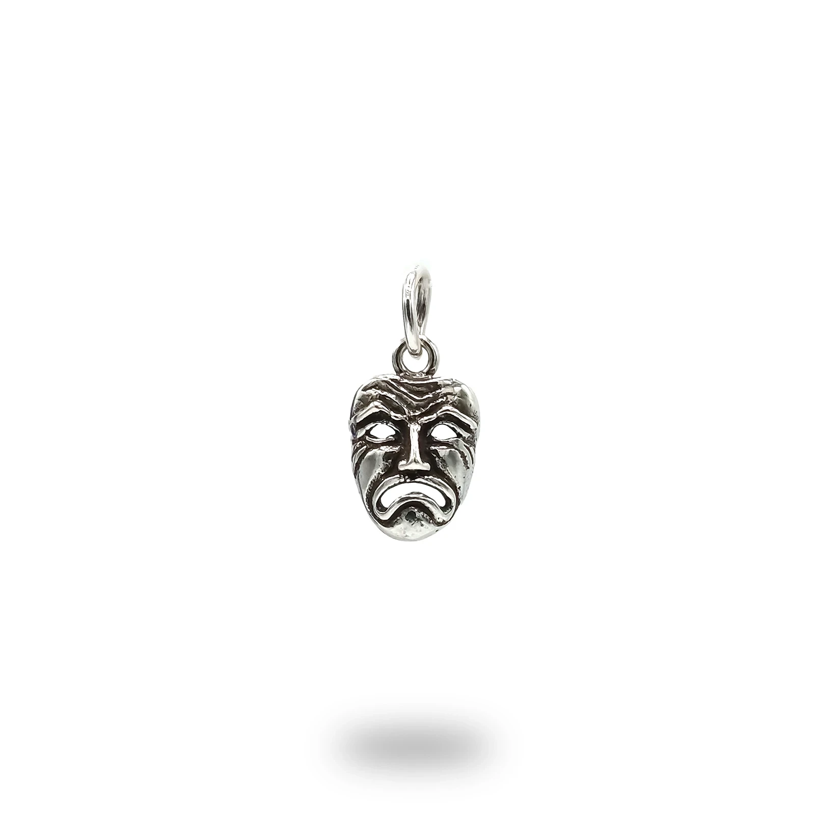 Ciondolo con maschera teatrale triste in argento 800 brunito – gioiello artigianale italiano