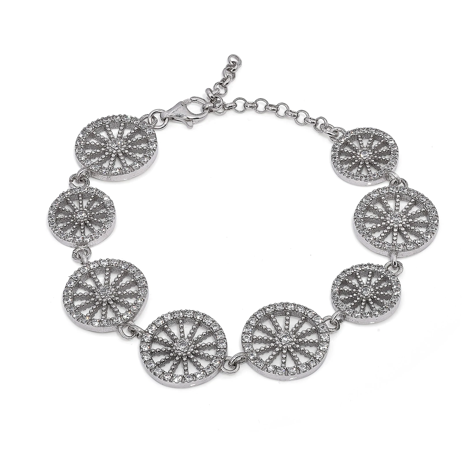 Bracciale artigianale in argento 925 rodiato con ruote siciliane e zirconi
