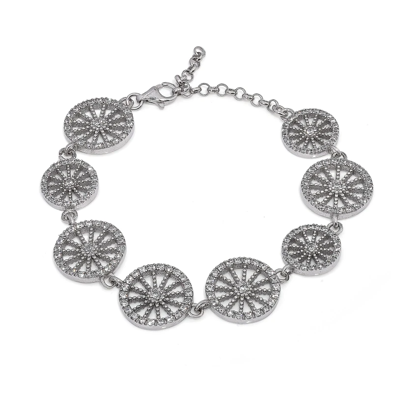 Bracciale artigianale in argento 925 rodiato con ruote siciliane e zirconi