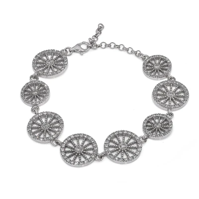 Bracciale artigianale in argento 925 rodiato con ruote siciliane e zirconi