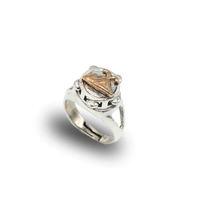 Anello bicolore con tamburello in argento 925 brunito e Vesuvio in bronzo a rilievo – gioiello artigianale italiano