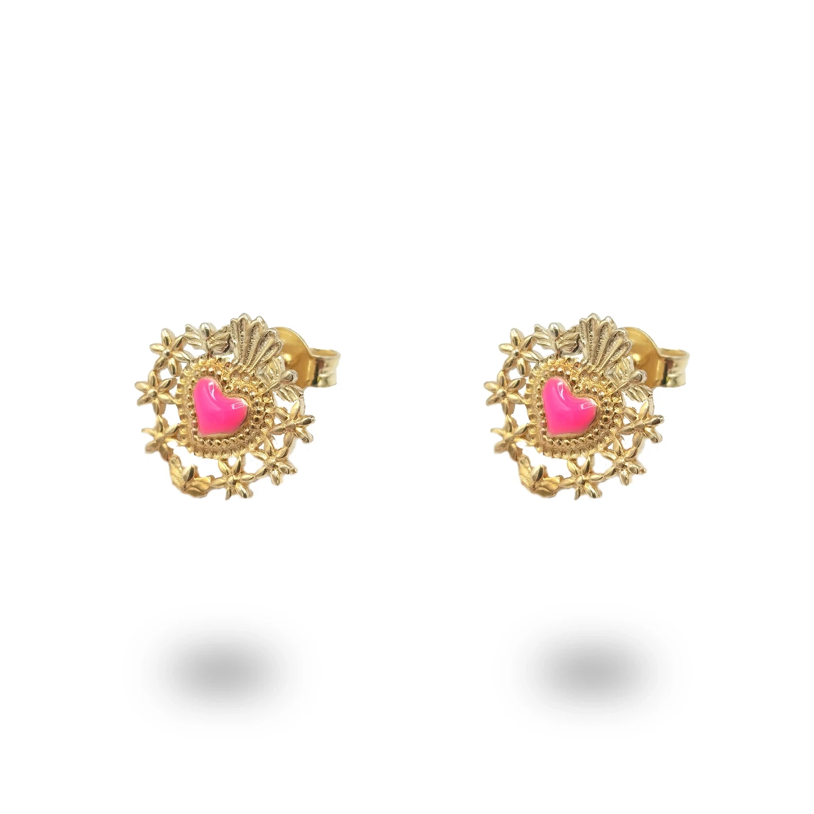 Orecchini Cuore Sacro e Fiori in Argento 925 Dorato
