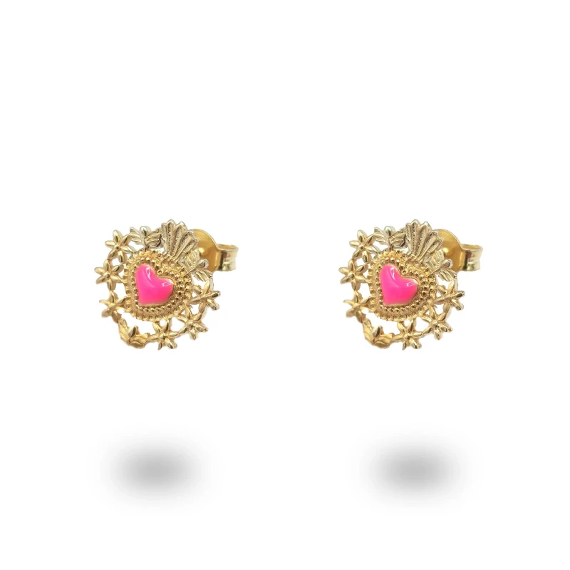 Orecchini Cuore Sacro e Fiori in Argento 925 Dorato