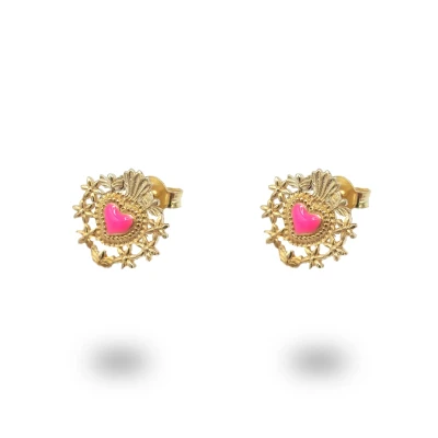 Orecchini Cuore Sacro e Fiori in Argento 925 Dorato