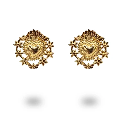 Orecchini Cuore Sacro e Fiori in Argento 925 Dorato