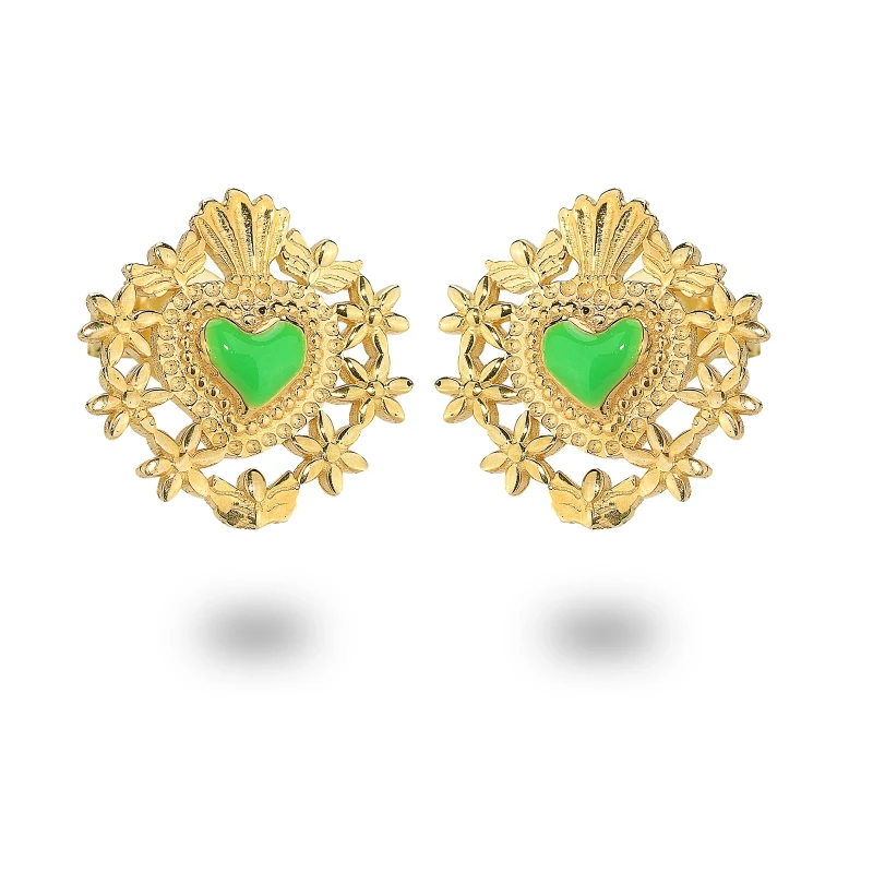 Orecchini Cuore Sacro e Fiori in Argento 925 Dorato