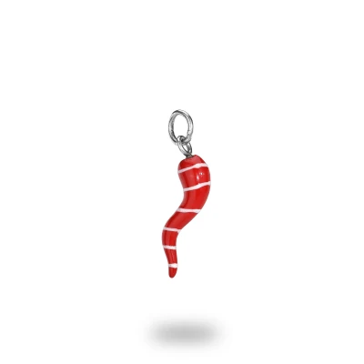Corno Scaramantico in Argento 800 Brunito Smaltato Rosso con Righe Bianche – Made in Italy