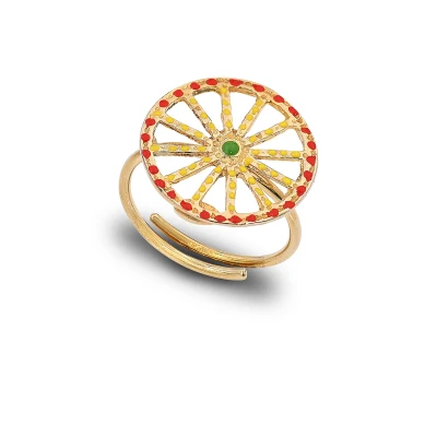 Anello artigianale in argento 925 dorato con ruota del carretto siciliano smaltata