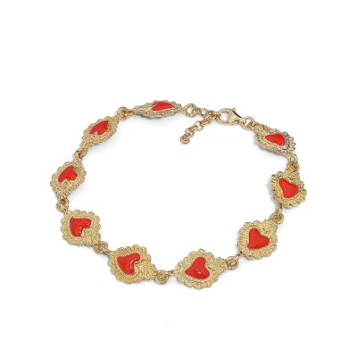 Bracciale in argento 925 placcato oro con cuori sacri smaltati rosso, raffinato gioiello artigianale italiano