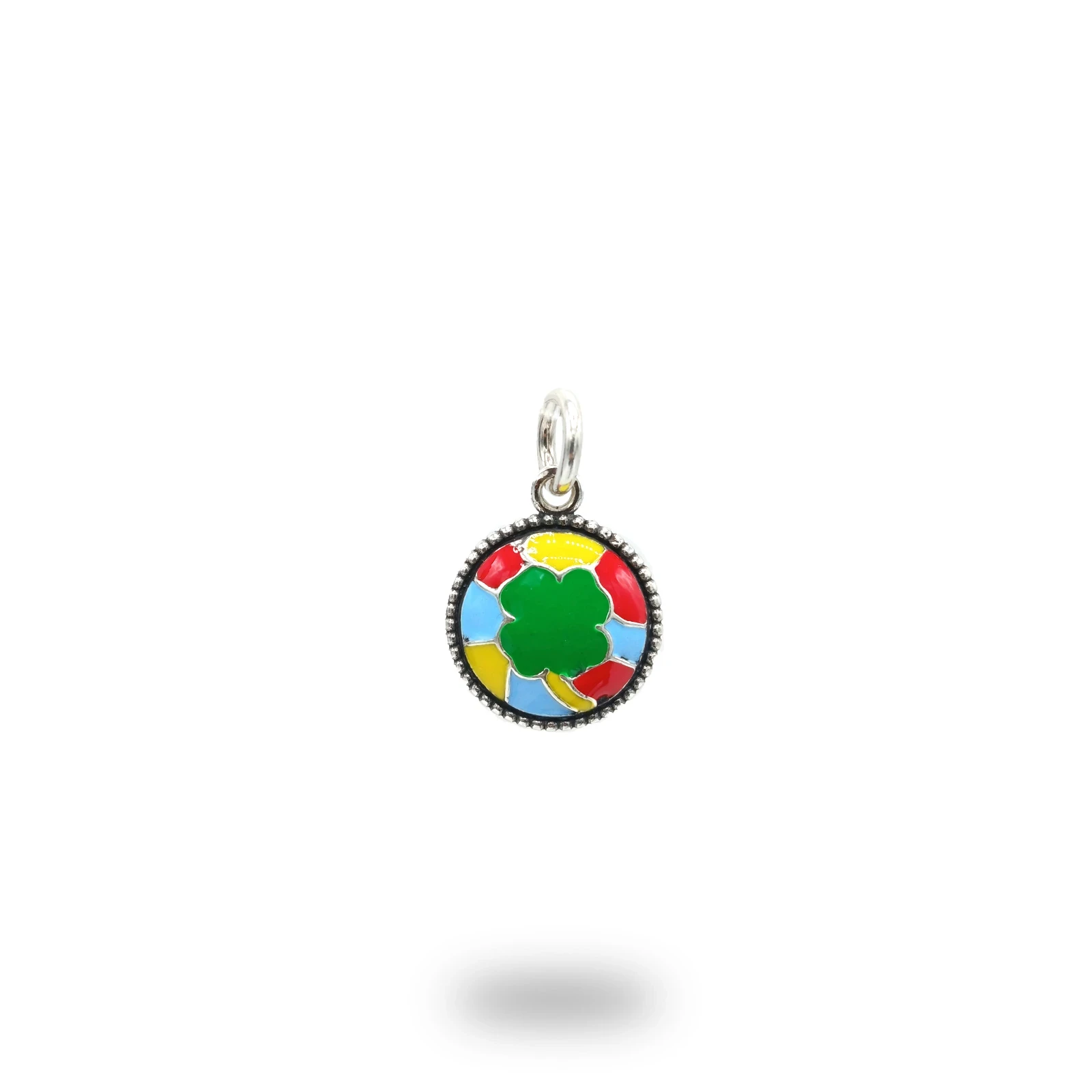 Cerchio Quadrifoglio in argento 925 smaltato multicolor – ciondolo portafortuna artigianale
