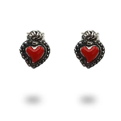 Orecchini con cuore ex voto in argento 925 brunito e smalto rosso, artigianato italiano