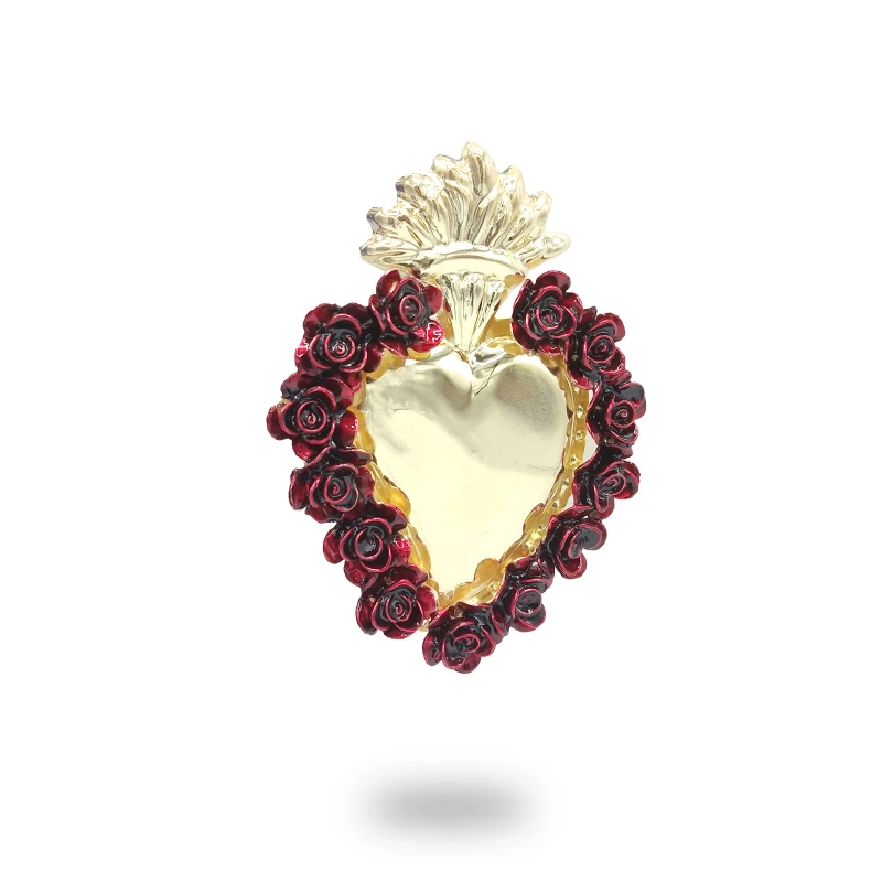 Cuore Ex Voto Maxi in argento 800 dorato con rose smaltate – gioiello sacro e decorativo