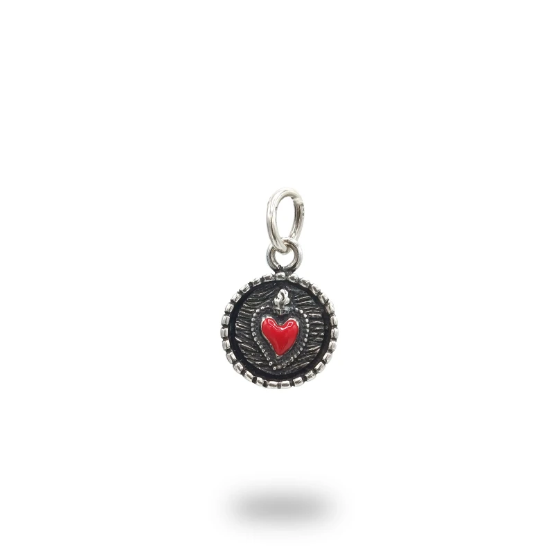Ciondolo Medaglia Cuore Ex Voto in argento 800 brunito e smaltato