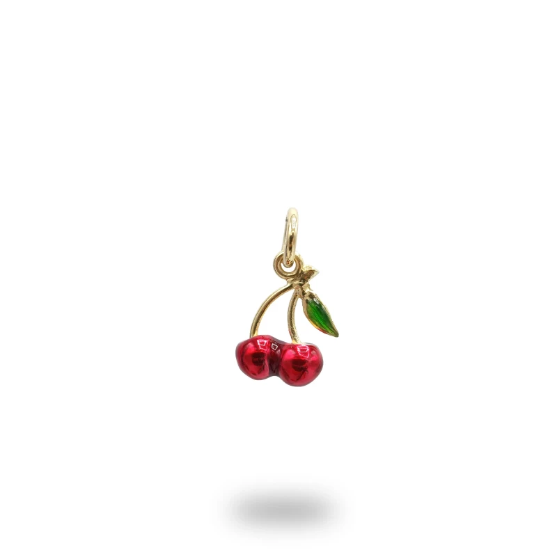 Ciondolo ciliegie tonde in argento 925 dorato e smaltato, gioiello artigianale italiano.