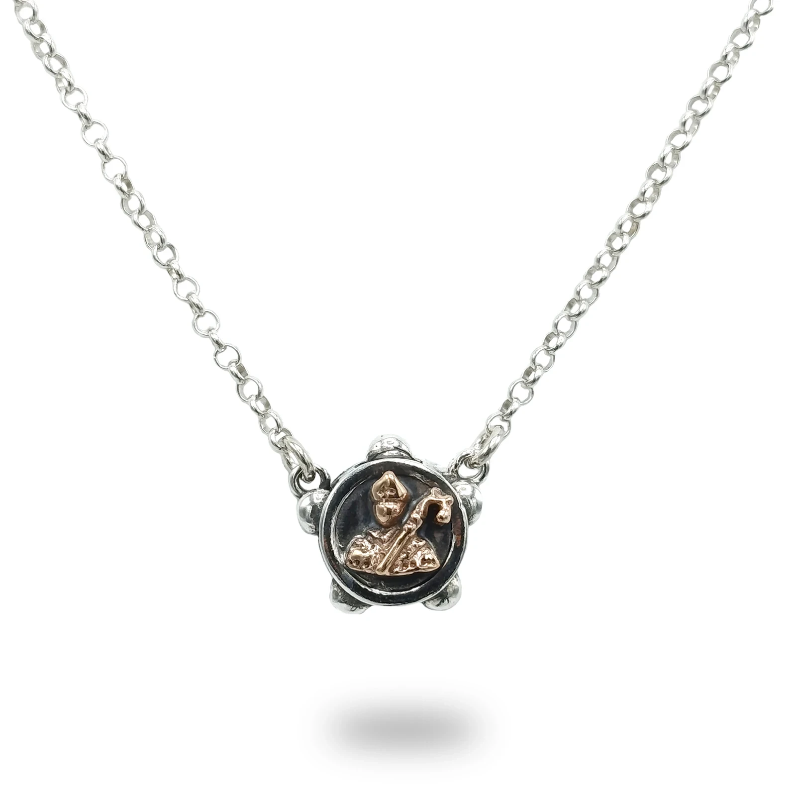 Collana tamburello brunita con San Gennaro di bronzo in Argento 925 – gioiello artigianale italiano