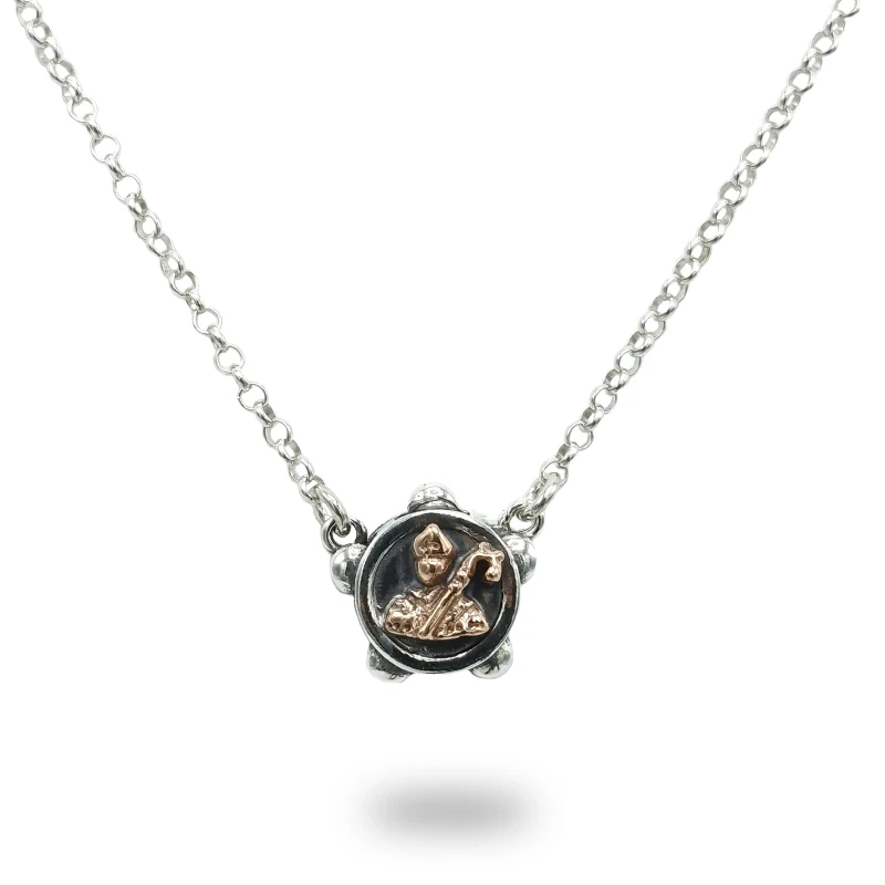 Collana tamburello brunita con San Gennaro di bronzo in Argento 925 – gioiello artigianale italiano