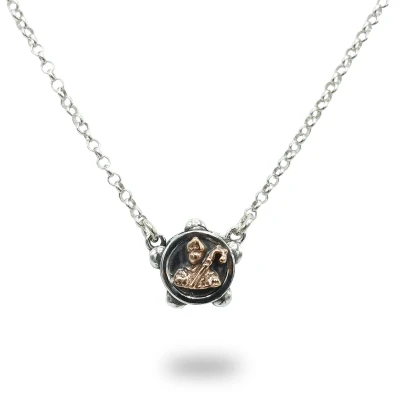 Collana tamburello brunita con San Gennaro di bronzo in Argento 925 – gioiello artigianale italiano
