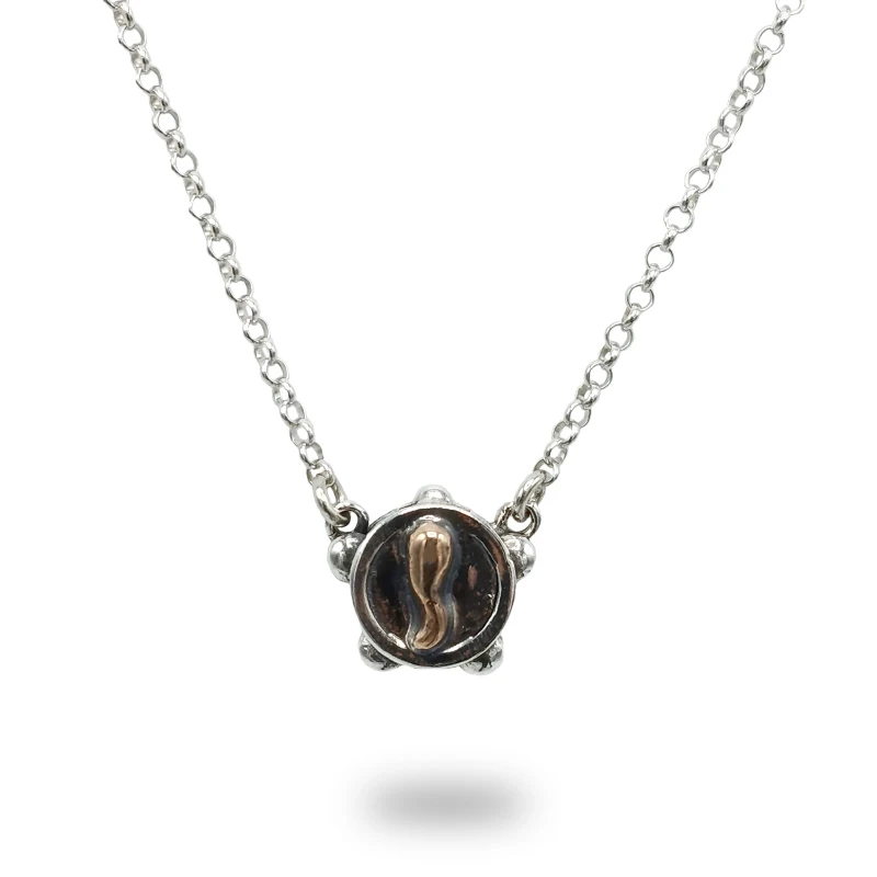 Collana tamburello brunita con corno di bronzo in Argento 925 – gioiello artigianale italiano