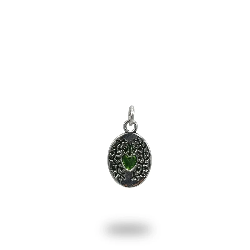 Medaglia Cuore Ex Voto Fiori in Argento 925 Brunito e Smaltato – Gioiello Artigianale