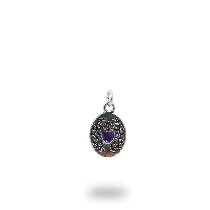 Medaglia Cuore Ex Voto Fiori in Argento 925 Brunito e Smaltato – Gioiello Artigianale