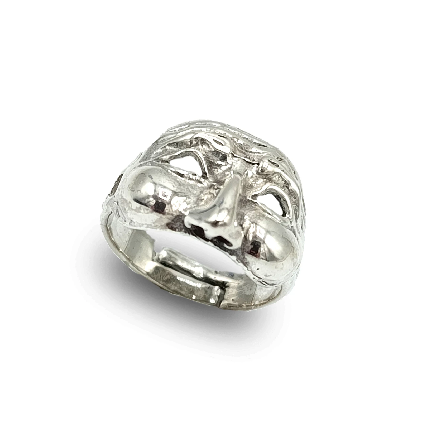 Anello con maschera di Pulcinella in argento 800 brunito, simbolo della tradizione napoletana