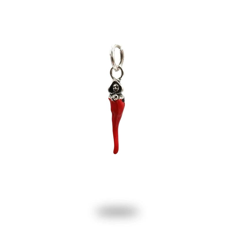 Corno scaramantico in argento 800 smaltato rosso con Monaciello, pendente artigianale simbolo di fortuna