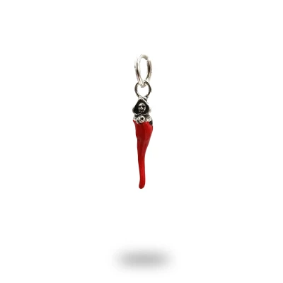 Corno scaramantico in argento 800 smaltato rosso con Monaciello, pendente artigianale simbolo di fortuna