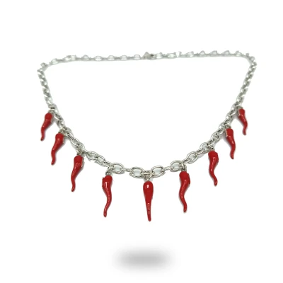 Collana in argento 925 brunito con corni smaltati rossi, realizzata artigianalmente in Italia con tecnica a microfusione.