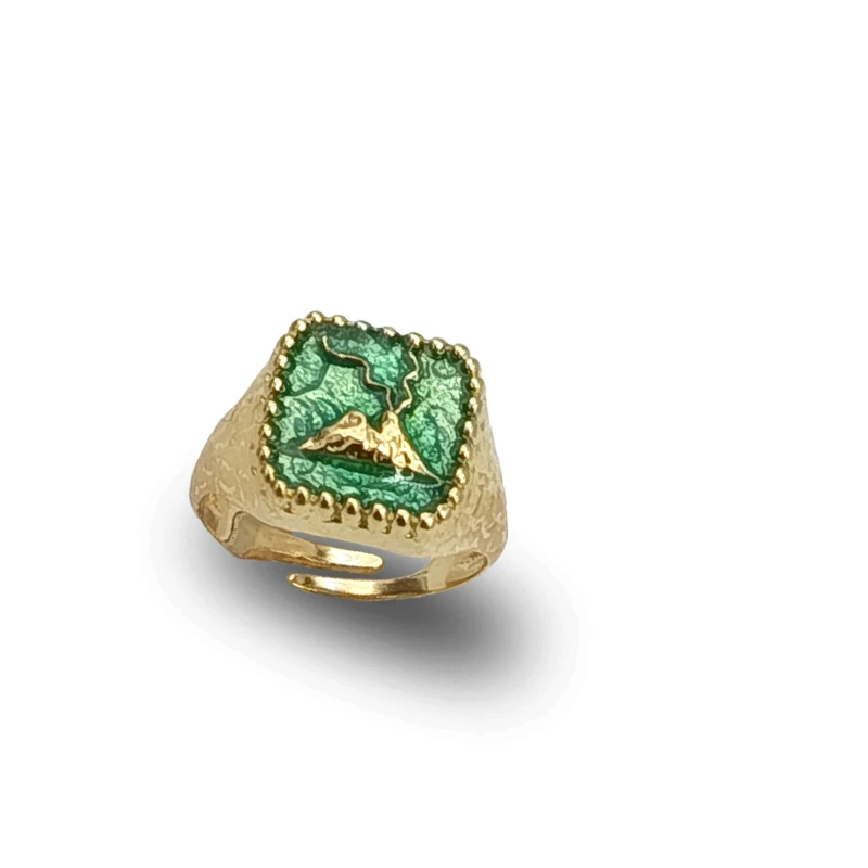 Anello Quadrato con Vesuvio e Smalto in Argento 925, gioiello artigianale regolabile ispirato al simbolo più iconico di Napoli.