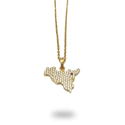 Collana in argento 925 dorato con ciondolo Sicilia e zirconi bianchi, simbolo identitario e luminoso