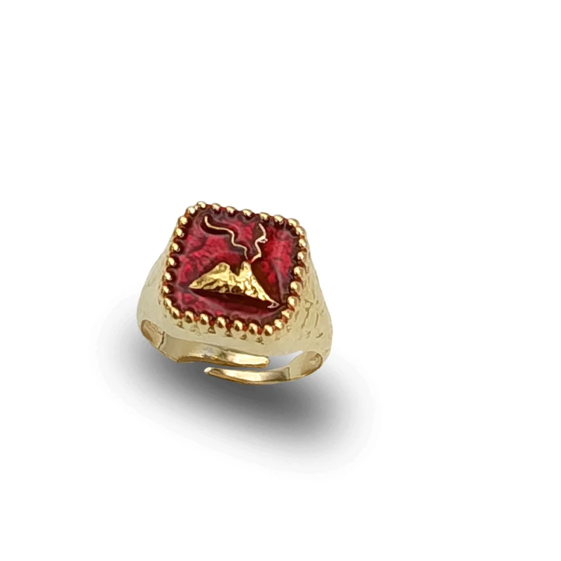 Anello Quadrato con Vesuvio e Smalto in Bronzo, gioiello ispirato al simbolo di Napoli e alla tradizione partenopea.