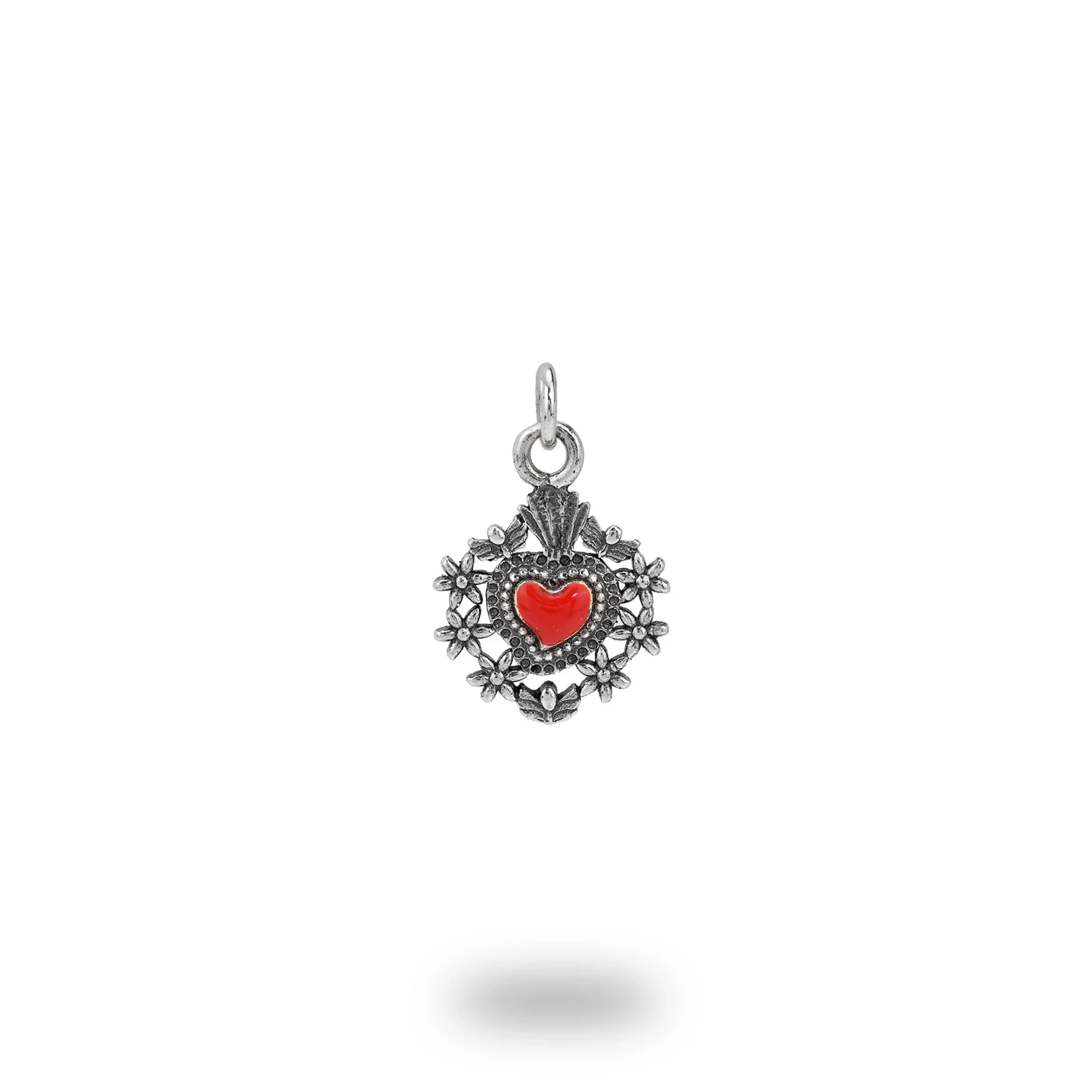 Pendente cuore ex voto con fiori in argento 800 smaltato, gioiello artigianale simbolico e personalizzabile