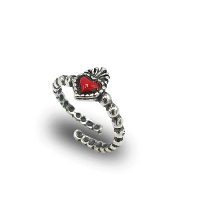 Anello artigianale in argento 925 brunito con cuore ex voto smaltato rosso