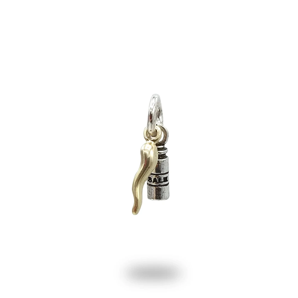Ciondolo Boccetta del Sale con Corno Oro in Argento 800, originale simbolo scaramantico e portafortuna.