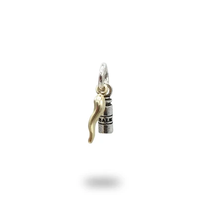 Ciondolo Boccetta del Sale con Corno Oro in Bronzo, originale simbolo scaramantico e portafortuna.