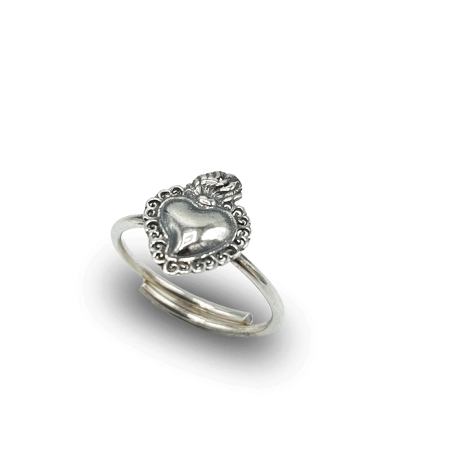 Anello cuore ex voto con riccioli in argento 925 brunito, realizzato a mano in Italia